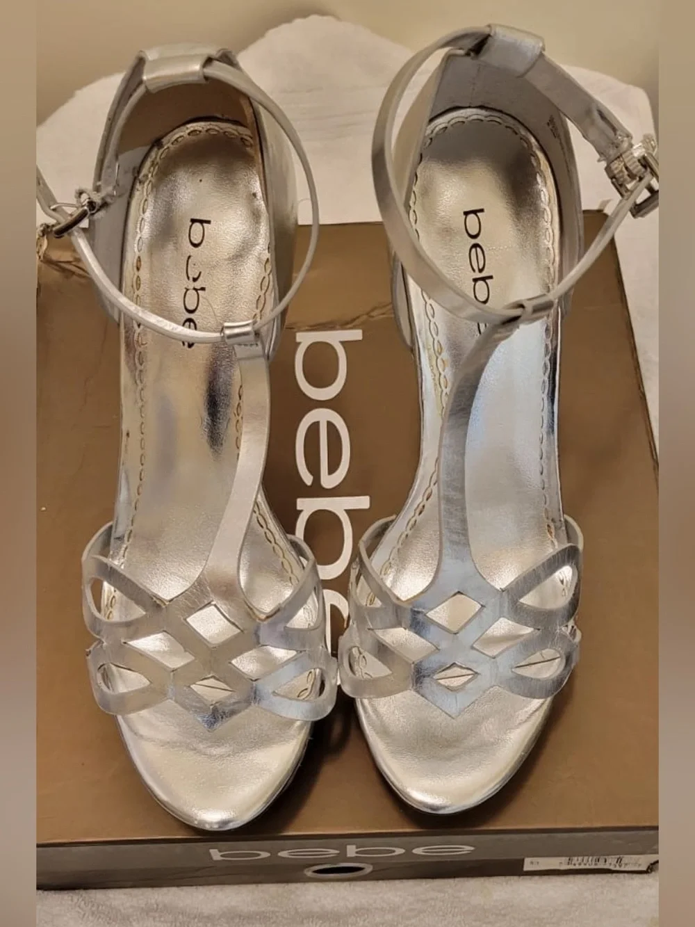 Bebe Silver Basket-Weave T-Strap Platform Sandals